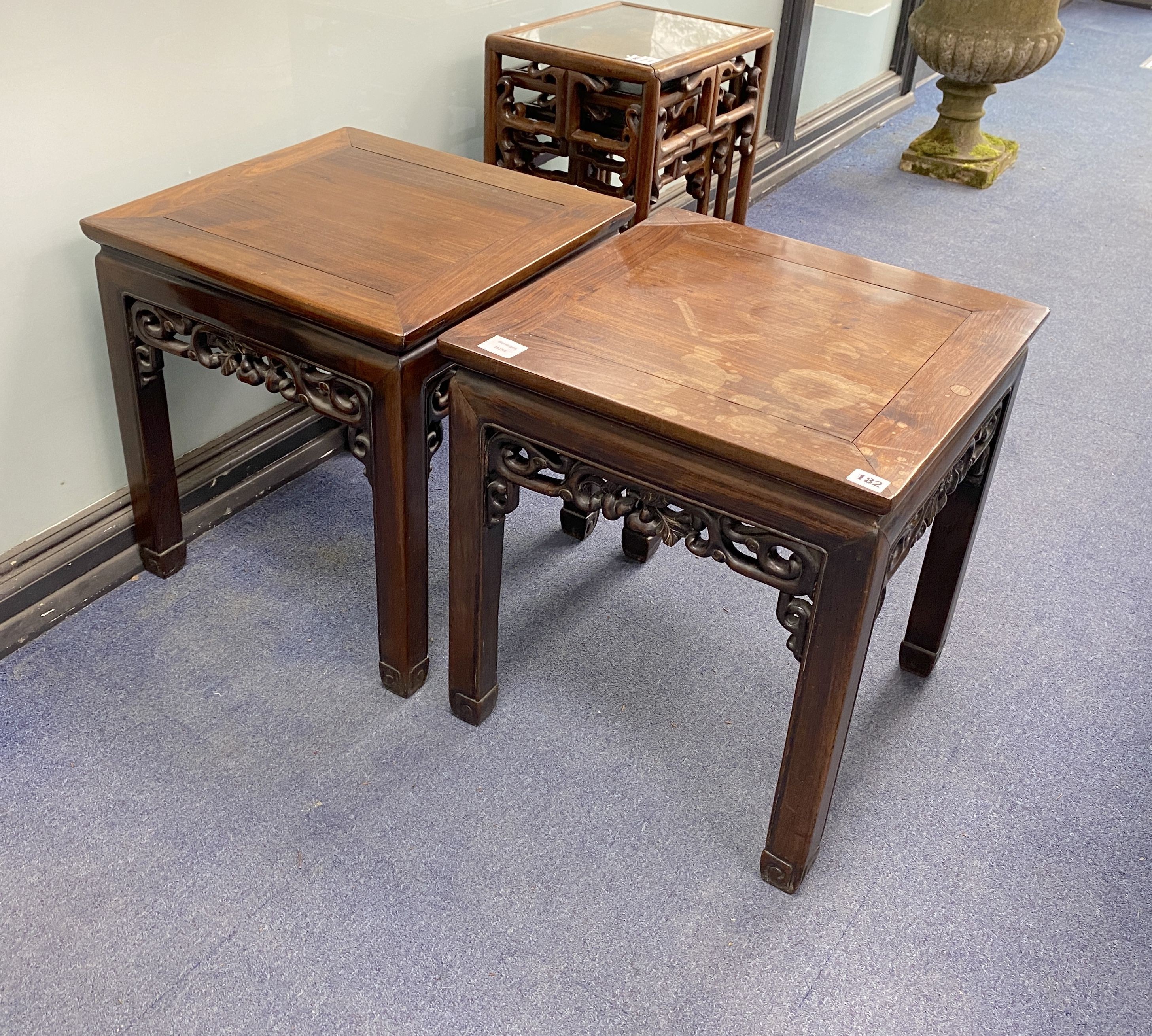 A pair of Chinese hardwood square top tables, 48cm, height 51cm